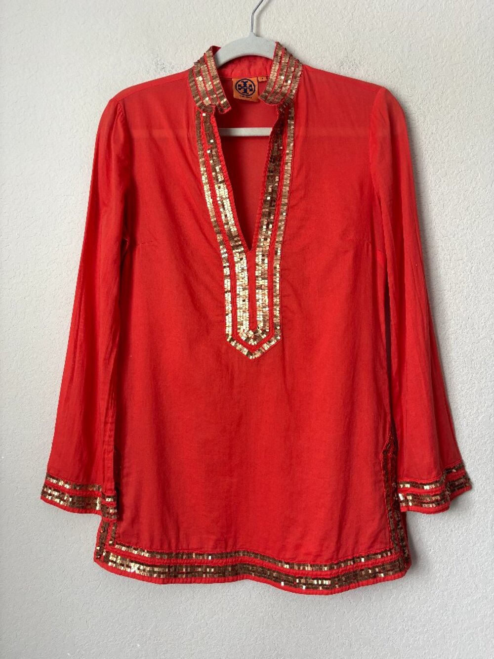 Tory Burch Gold Sequins V-Neck Orange Longline Caftan Tunic - Picture 2 of 13